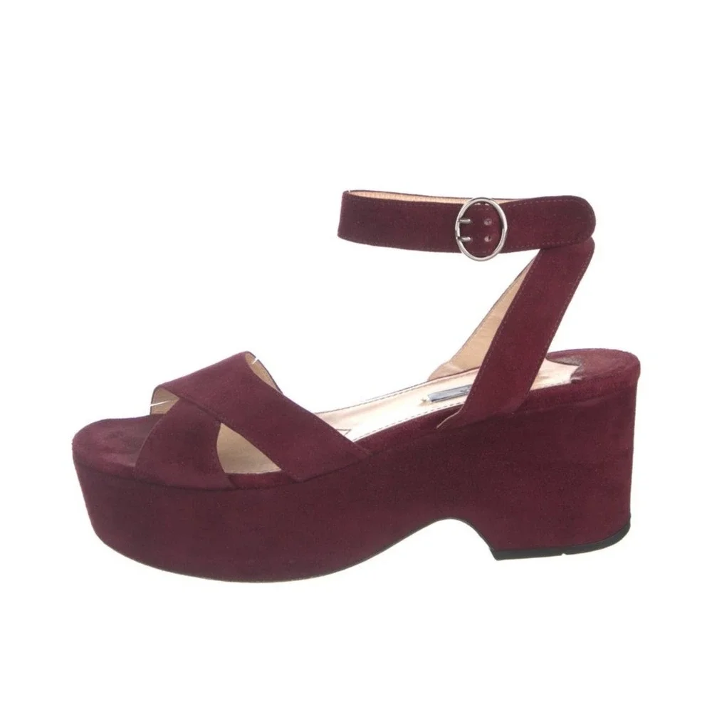 Prada Milano Burgundy Suede Platform Sandals Ankle Strap Block Heel Womens